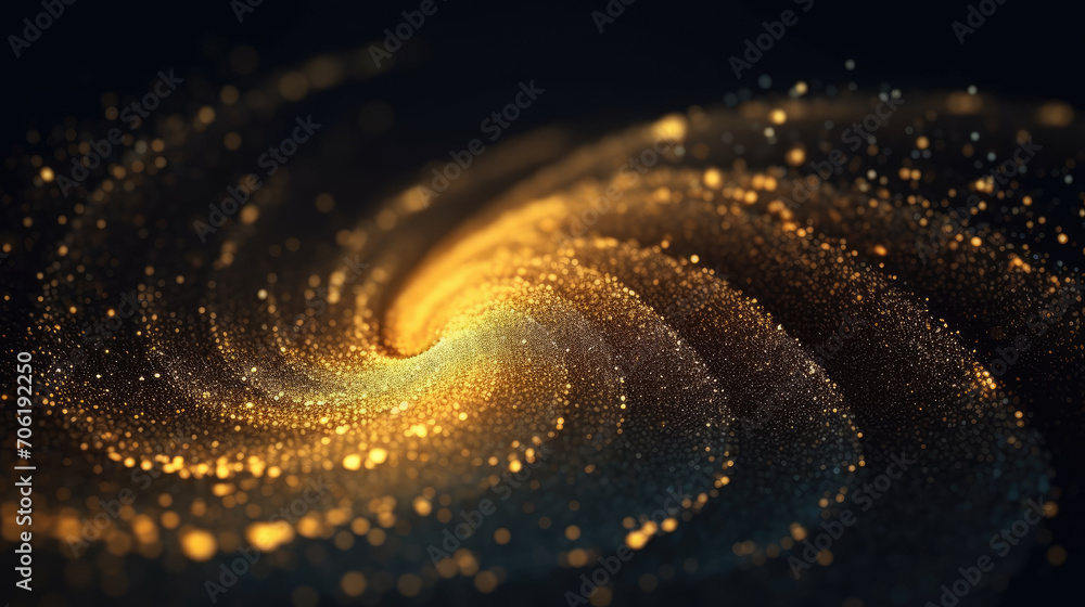 Poster digital gold particles wave and light abstract background with shining floor particle stars dust. fu