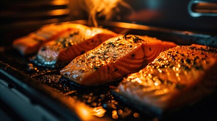  a close up of three salmons cooking in an oven with steam coming out of the top of the grill.