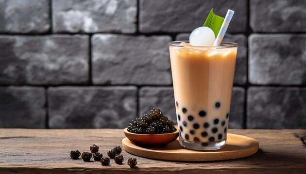 Tapioca Temptation: Bubble Milk Tea Pleasure on Wooden Table with Dark Gray Brick