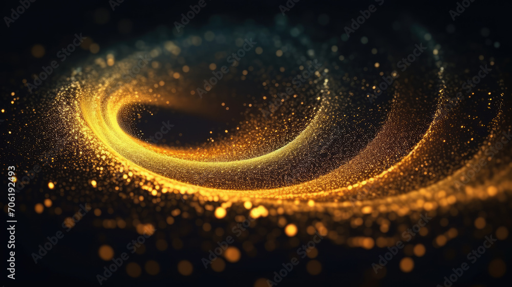 Poster digital gold particles wave and light abstract background with shining floor particle stars dust. fu