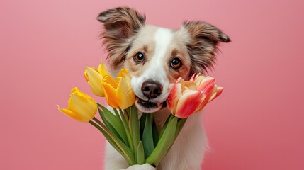 Dog holding a bouquet of tulips on a pink background. Mother day concept.