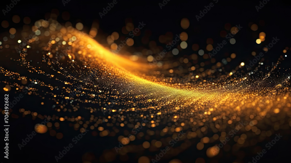 Poster digital gold particles wave and light abstract background with shining floor particle stars dust. fu
