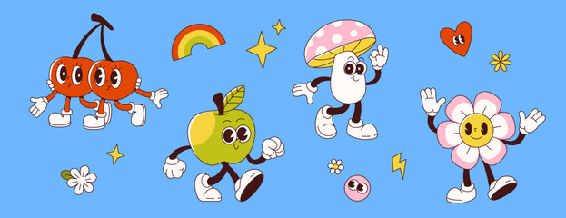 Y2k groovy characters set isolated on blue background. Vector cartoon illustration of happy cherry, mushroom, daisy flower, apple mascots smiling, rainbow, heart, star, lightning symbol, retrowave art
