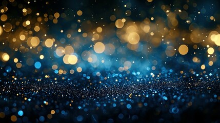 Background of abstract glitter lights, bokeh, blured. blue, gold and black. de focused. banner background