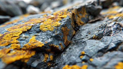  a close up of a piece of wood that has yellow and black paint on it and some rocks in the background.