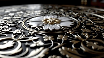  a close up of a metal table with a flower design on the top and a flower on the bottom of the table.