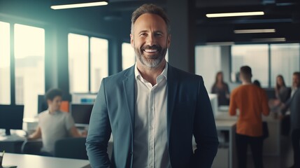 Naklejka premium Office Success Portrait: Confident Middle-Aged Businessman Smiling. Generative AI
