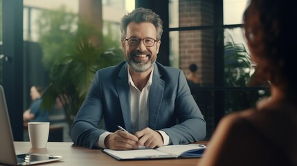 Fototapeta premium Business Elegance: Smiling Middle-Aged Businessman in Office Triumph. Generative AI