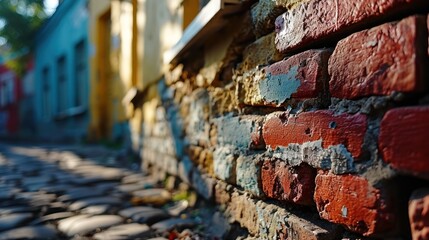  a close up of a brick wall with cobblestones on one side and a building on the other side. - obrazy, fototapety, plakaty