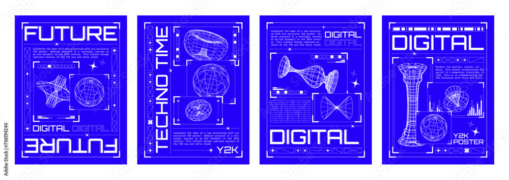 Poster poster design layout in y2k techno style with grid abstract simple elements and text box. vector set