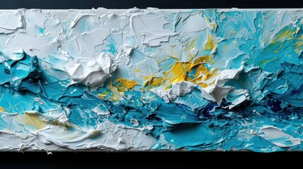  an abstract painting of blue, yellow, and white paint on a black background with white and yellow streaks of paint.