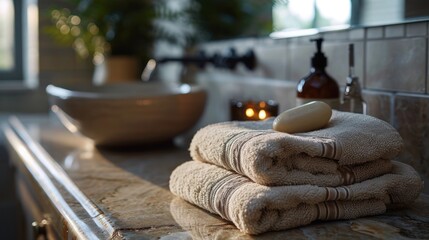  a stack of towels sitting on top of a bathroom counter next to a bowl of soap and a bowl of candles.