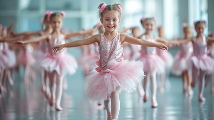 A group of young ballerinas in tutu dancing - obrazy, fototapety, plakaty