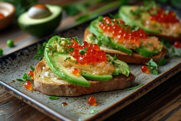  a close up of a plate of food with bread and avocado on a wooden table with avocados in the background.