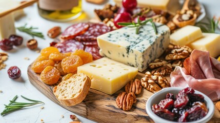  a variety of cheeses, nuts, and dried fruit are arranged on a wooden platter on a table.