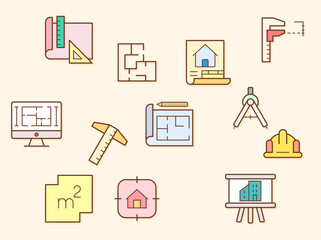 Vector illustration of a architecture and construction elements. Contains such as interior, real estate, building, house, plans, design, build, tool and more. Flat illustration style line drawing