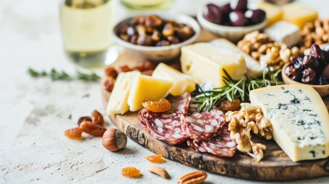  a variety of cheeses, nuts, and meats on a wooden platter with a glass of wine in the background.