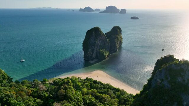 fantastic Thailand nature, aerial view of Railay beach, paradise tropical Thai resort of Krabi, idyllic holiday tropical beach with scenic cliffs
