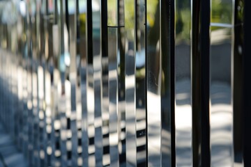  a close up of a metal fence with a building in the back ground and trees on the other side of the fence. - obrazy, fototapety, plakaty