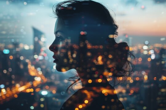  a blurry photo of a woman's face in front of a cityscape with lights in the background.