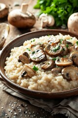 Creamy Risotto with Mushrooms and Parsley in a Bowl