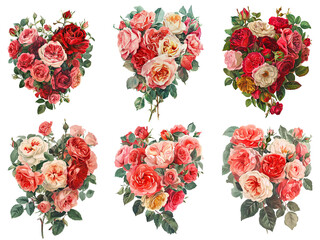 Bouquet of roses. Clipart on transparent background. Design for greeting card, valentine, wedding, wall art,
