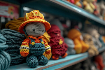 A scene showing a knitted firefighter, equipped with a hose and a fireman's helmet. - obrazy, fototapety, plakaty