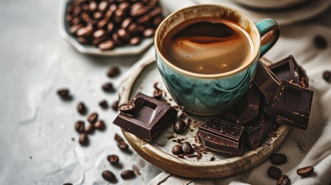  a cup of coffee sitting on top of a saucer next to a plate of chocolates and coffee beans.