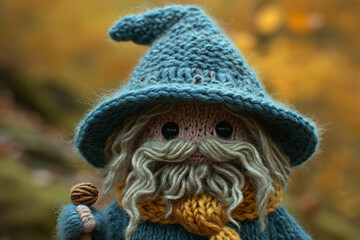 Obraz premium A depiction of a knitted wizard, complete with a pointy hat and a small, magical wand.