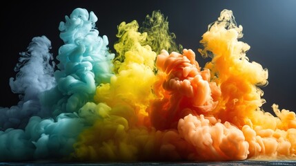  a group of multicolored smokes on a black background with a white spot in the middle of the photo.