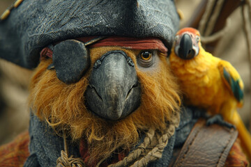 An illustration of a knitted pirate, with a tiny eye patch and a knitted parrot on the shoulder. - obrazy, fototapety, plakaty