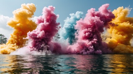  a group of colorful clouds of smoke floating in the air over a body of water with trees in the background.