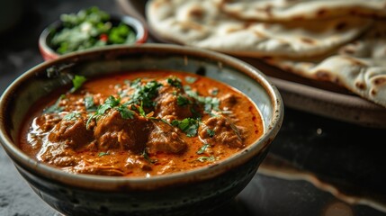  a bowl of food sitting on a table next to a plate of pita bread and a plate of pita bread.