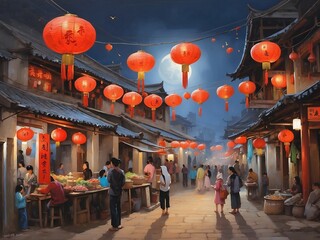 traditional chinese night market illustration, design for poster, banner, flyer. ai generative design. - obrazy, fototapety, plakaty