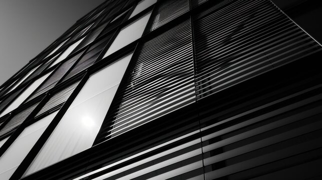  a black and white photo of a building with the sun shining through the blinds on the side of the building.