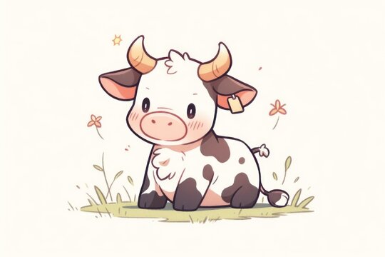  a cartoon cow sitting in the grass with horns on it's head and a butterfly flying above its head.