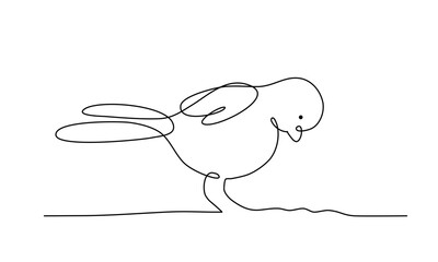 Continuous line art of a bird seek for food on ground, editable lineart vector illustration.