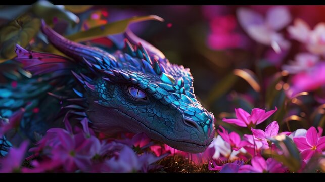  a close up of a blue dragon in a field of purple and pink flowers with pink and white flowers in the foreground.