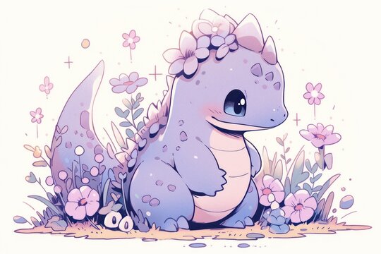  a drawing of a baby dinosaur sitting in the grass with flowers on its head and a bow on its head.