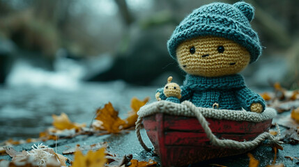 An image of a knitted sailor, with a knitted boat and a miniature sailor's hat. - obrazy, fototapety, plakaty