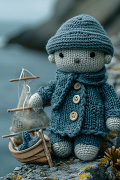 An image of a knitted sailor, with a knitted boat and a miniature sailor's hat.