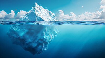 Iceberg in clear blue water and hidden danger under water. Iceberg - Hidden Danger And Global Warming Concept. Floating ice in ocean. Copyspace for text and design. Made with generative ai - Powered by Adobe