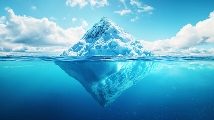 Iceberg in clear blue water and hidden danger under water. Iceberg - Hidden Danger And Global Warming Concept. Floating ice in ocean. Copyspace for text and design. Made with generative ai