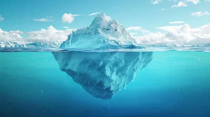 Zelfklevend Fotobehang Iceberg in clear blue water and hidden danger under water. Iceberg - Hidden Danger And Global Warming Concept. Floating ice in ocean. Copyspace for text and design. Made with generative ai © Farid