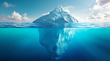 Fototapeta na wymiar Iceberg in clear blue water and hidden danger under water. Iceberg - Hidden Danger And Global Warming Concept. Floating ice in ocean. Copyspace for text and design. Made with generative ai