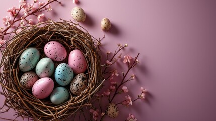 Fototapeta na wymiar a bird's nest filled with eggs sitting on top of a pink wall next to a branch with pink flowers.