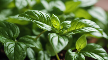 Obraz premium Basil plant in a pot, Basil leaves plant, medicine plant background, Fresh green basil leaves close up, Fresh green leaves of basil on dark grey background