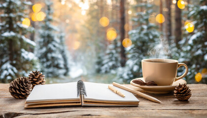 Naklejka na ściany i meble Cup of coffee, opened notebook and pencil on wooden table against forest background
