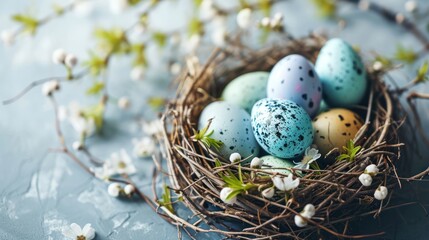 Fototapeta na wymiar a bird's nest filled with eggs sitting on top of a blue table next to a branch with white flowers.