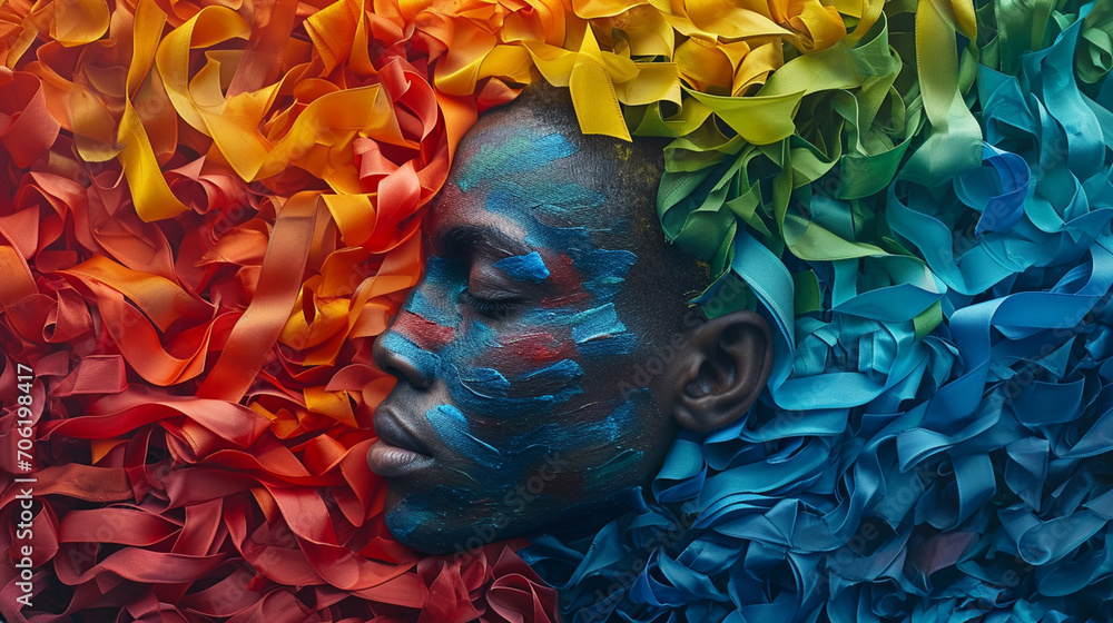 Poster An image of a person made from interwoven colorful ribbons, symbolizing diversity and unity.